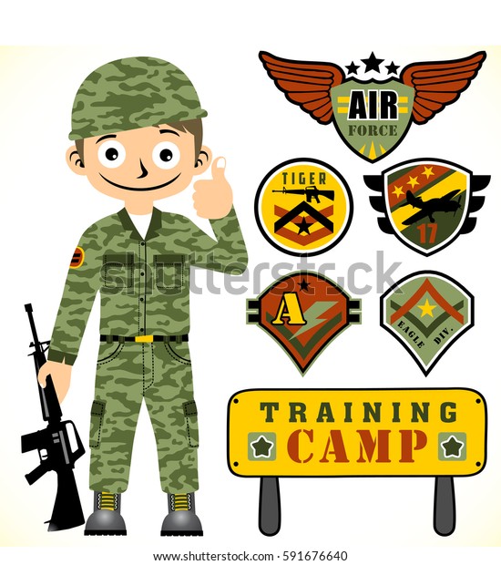 キャンプボードを持つ若い軍隊と軍のロゴセット Tシャツデザイン ベクター漫画イラスト のベクター画像素材 ロイヤリティフリー