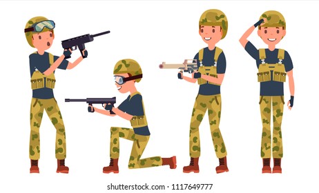 Young Army Soldier Man Vector. Poses. Ready For Battle. Camouflage Uniform. War. Man. Flat Military Cartoon Illustration