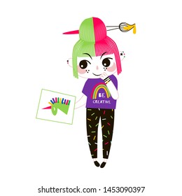 Young artist flat vector illustration. Talented creative cool kid holding paper with painting isolated cartoon character on white background. Schoolgirl hobby, school art classes drawing