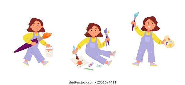 Young Artist girl is painting sitting on the floor, holding big brush and palette of colors. Funny cartoon kid character. Children art and design school concept