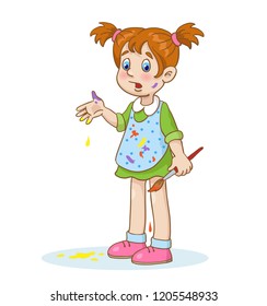 Young artist. A little girl smeared with a  paint. In cartoon style. Isolated on a white background. Vector illustration.