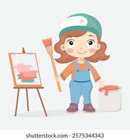 Young Artist Painting with Joy. A delightful cartoon illustration of a young girl wearing a painter's cap, happily painting on an easel with a brush and a bucket of paint beside her