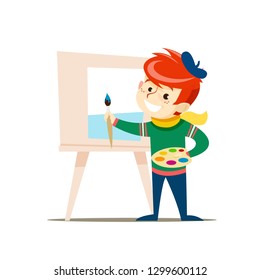 A young artist with a palette and a brush in his hands draws on the easel. Vector illustration.