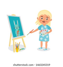 Young artist practice their skills. Art school concept character design. Girl painting rabbit on canvas with color paints and brush.