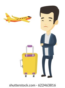 Young asian airplane passenger frightened by future flight. Man suffering from fear of flying. Terrified passenger waiting for a flight. Vector flat design illustration isolated on white background.
