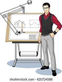 Young Asian architect student presenting his blueprint