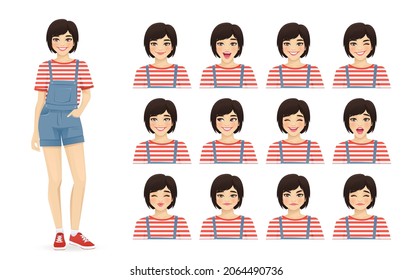 Young asian beautiful woman with different facial expressions set isolated vector illustration