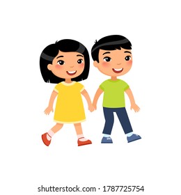 Young Asian boy and girl in love. Cute boyfriend and girlfriend holding hands, cartoon characters.  First love concept.