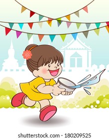 Young Asian boy playing water, Songkran Festival, Cartoon Vector illustration