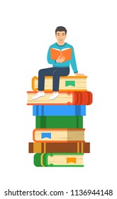 Young asian boy student reads open book sitting on stack of giant books. High school education concept. Vector cartoon illustration. Exam preparation using paper book. Modern well-educated youth