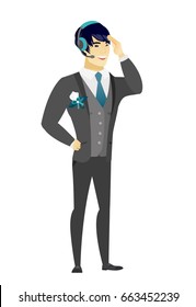 Young asian bridegroom in headset with microphone. Full length of bridegroom in headset with microphone. Vector flat design illustration isolated on white background.