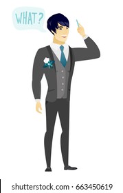 Young asian bridegroom with question what in speech bubble. Full length of smiling bridegroom with text what in speech bubble. Vector flat design illustration isolated on white background.