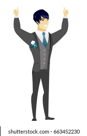 Young asian bridegroom in a wedding suit giving thumb up. Full length of bridegroom with thumb up. Cheerful bridegroom showing thumb up. Vector flat design illustration isolated on white background.