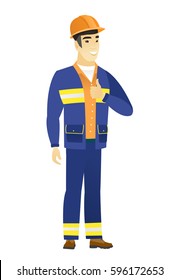 Joven constructor asiático con sombrero duro que da pulgar hacia arriba. Largo de un constructor sonriente con el pulgar hacia arriba. Alegre constructor que muestra el pulgar hacia arriba. Ilustración de diseño plana vectorial aislada en fondo blanco.