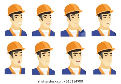 Young asian builder in hardhat laughing with closed eyes. Builder laughing with open mouth. Set of builder with different facial emotions. Vector flat design illustrations isolated on white background