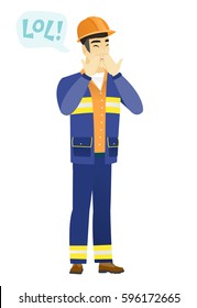 Joven constructor asiático riendo en voz alta. Generador y burbuja de habla con texto - ja ja. El creador se ríe fuerte y cubre su boca. Ilustración de diseño plana vectorial aislada en fondo blanco.