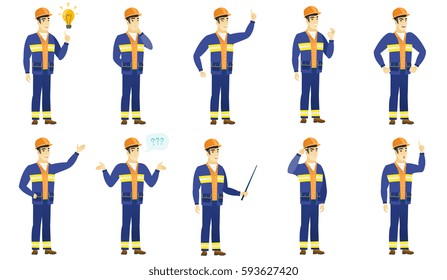 Young asian builder pointing at bright idea light bulb. Full length of builder having a creative idea. Creative idea concept. Set of vector flat design illustrations isolated on white background.