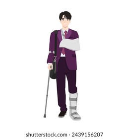 Young asian business man with broken leg bandage cast walking using crutches. Flat Vector Illustration Isolated on White Background