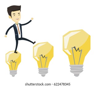 Young asian business man jumping on idea light bulbs. Business man hopping onto idea light bulbs. Concept of successful business idea. Vector flat design illustration isolated on white background.