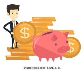 Young asian business man saving money in piggy bank. Successful business man putting money in big pink piggy bank. Concept of saving money. Vector flat design illustration isolated on white background