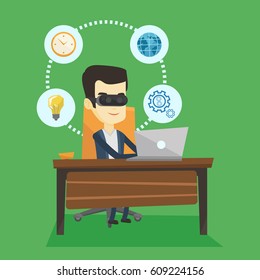 Young asian business man wearing virtual reality headset and working on a computer. Happy business man using virtual reality device in the office. Vector flat design illustration. Square layout.