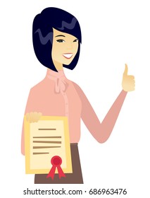 Young asian business woman showing a certificate. Successful happy business woman holding a certificate and giving thumb up. Vector flat design illustration isolated on white background.