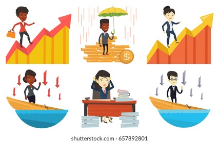 Young asian business woman standing in sinking boat and arrows behind her pointing down symbolizing business bankruptcy. Set of vector flat design illustrations isolated on white background.