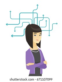 Young asian business woman standing with folded arms during process of business thinking. Concept of business thinking concept. Vector flat design illustration isolated on white background.