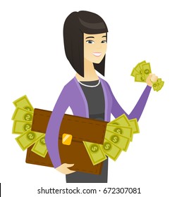 Young asian business woman standing with briefcase full of money. Business woman stealing money. Economic crime, fraud, bribery concept. Vector flat design illustration isolated on white background.