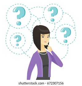 Young asian business woman thinking while standing under question marks. Thinking business woman surrounded by question marks. Vector flat design illustration isolated on white background.