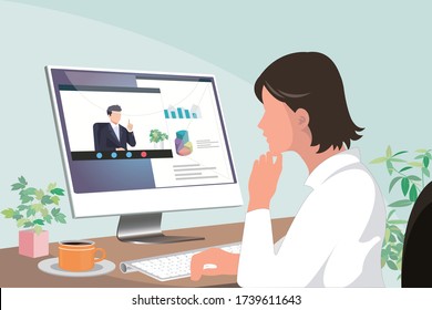 young asian business woman working from home watching presentation by a businessman on computer screen