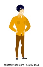 Young asian businessman laughing. Businessman laughing with hands on his stomach. Businessman laughing with closed eyes and open mouth. Vector flat design illustration isolated on white background.