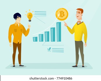 Young asian businessman pointing at light bulb while caucasian white man pointing at bitcoin growth graph. Successful promotion of new cryptocurrency ICO startup concept. Vector cartoon illustration.