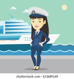Young asian captain on the background of sea and cruise ship. Smiling ship captain in uniform on seacoast background. Ship captain standing at the port. Vector flat design illustration. Square layout.