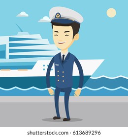 Young Asian Captain On The Background Of Sea And Cruise Ship. Smiling Ship Captain In Uniform On Seacoast Background. Ship Captain Standing At The Port. Vector Flat Design Illustration. Square Layout.