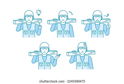 Young asian carpenter vector illustration set