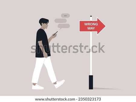 Young Asian character addicted to their smartphone ignoring a banana peel on their way