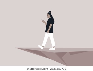 A young Asian character distracted by a smartphone striding to an abyss, nomophobia, millennial lifestyle