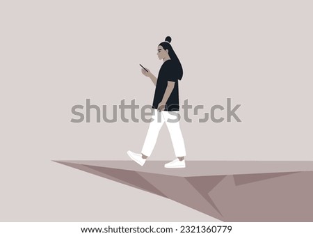 A young Asian character distracted by a smartphone striding to an abyss, nomophobia, millennial lifestyle