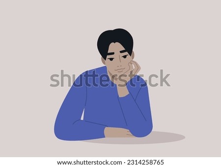 A young Asian character propping up their face with hand, attentive listener