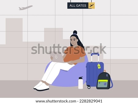 A young Asian character sits on a bean bag chair while typing on their laptop in the airport business lounge