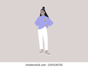 A young Asian character wearing a rainbow pin on their sweater, LGBTQ community