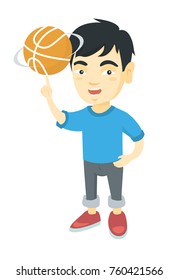 Young asian cheerful boy spinning a basketball ball on his finger. Happy little boy playing basketball. Vector sketch cartoon illustration isolated on white background.