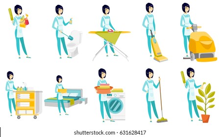 Young asian cleaner holding bucket full of cleaning equipment. Professional cleaner in uniform cleaning floor with vacuum cleaner. Set of vector flat design illustrations isolated on white background.