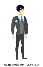 Young asian confident groom in a wedding suit. Full length of smiling confident groom. Groom standing in a pose signifying confidence. Vector flat design illustration isolated on white background.