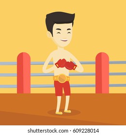 Young asian confident sportsman in boxing gloves. Professional male boxer standing in the boxing ring. Smiling sportive man wearing red boxing gloves. Vector flat design illustration. Square layout.