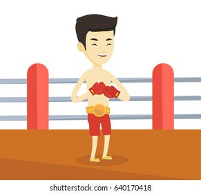 Young asian confident sportsman in boxing gloves. Male boxer standing in the boxing ring. Smiling sportive man wearing red boxing gloves. Vector flat design illustration isolated on white background.