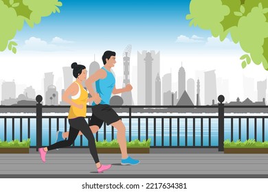 young asian couple exercising running jogger outdoors in modern city