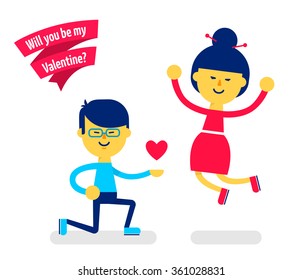 Young asian couple in love. Boy got down on one knee and girl jumping for joy. Happy Valentine's day greeting card, poster or banner. Flat illustration. Vector stock.