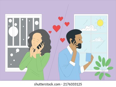 Young Asian couple using smartphone, long distance love concept. Happy Valentine's Day concept Love Be my Valentine. long social distance couple, virtual relationships vector illustration.